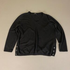 Talbots Sweater Women's Large Petite Black V Neck Button Accent Long Sleeve Knit